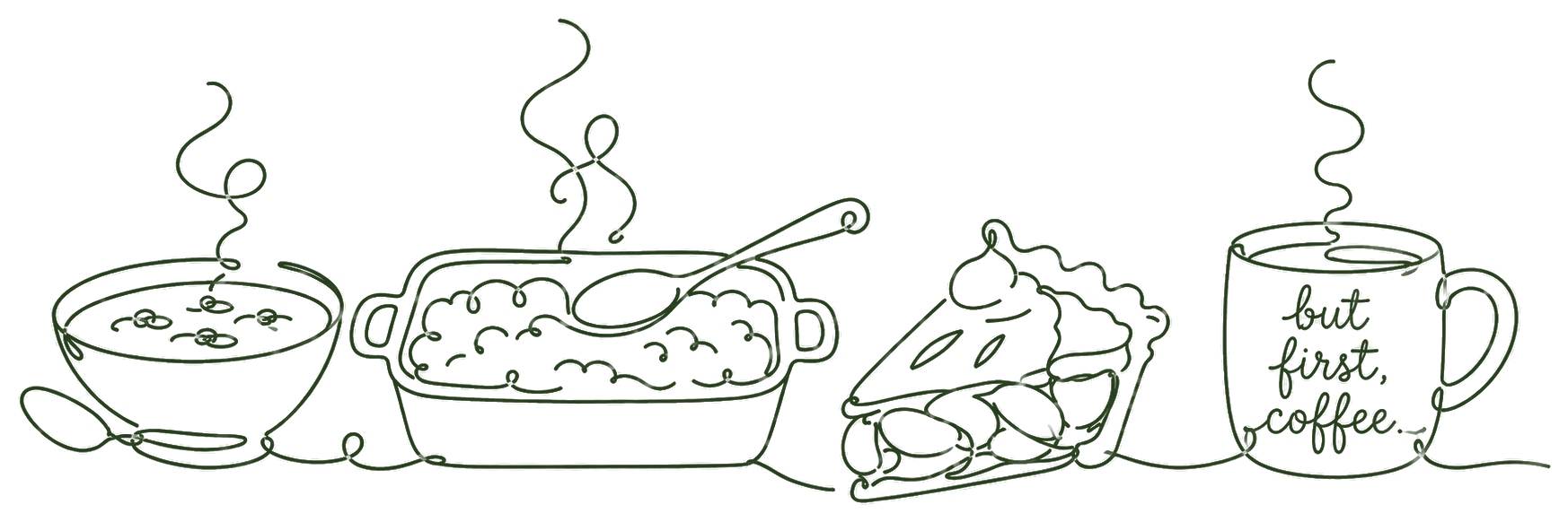 A potluck spread of soup, casserole, and pie